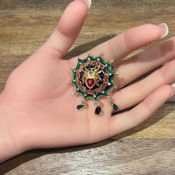 Gothic Halloween Spiderweb Brooch | Enameled Green Red Crystal Spider Dangles - Picture 7 of 8